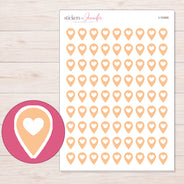 Peach Heart Location Pin Planner Stickers | I-10400 — 5 × 7 inch sheet and enlarged sticker detail