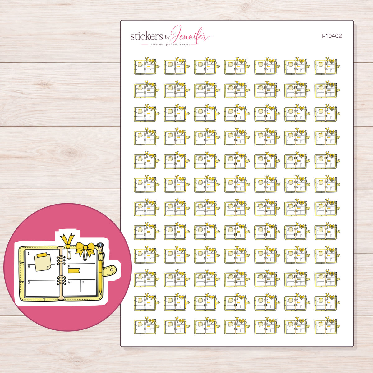 Open Decorated Yellow Planner Stickers | I-10402 — 5 × 7 inch sheet and enlarged sticker detail