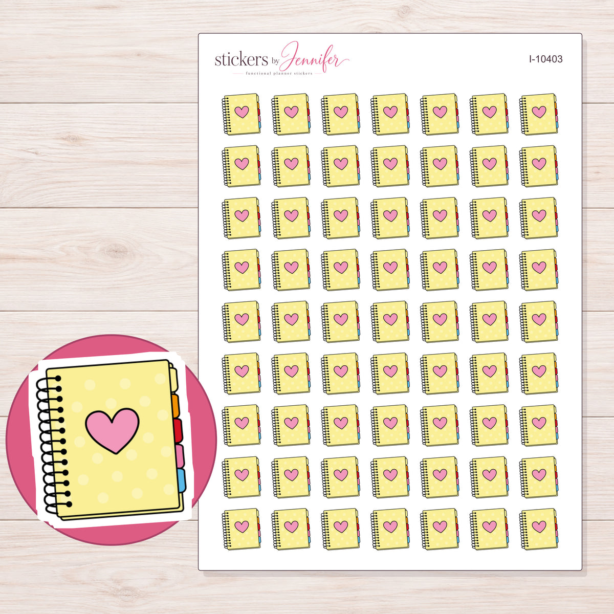 Yellow Heart Planner Stickers | I-10403 — 5 × 7 inch sheet and enlarged sticker detail
