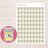 Yellow Prescription Bottle Planner Stickers | I-10411 — 5 × 7 inch sheet and enlarged sticker detail