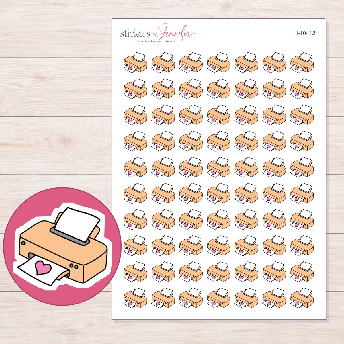 Peach Heart Printer Planner Stickers | I-10412 — 5 × 7 inch sheet and enlarged sticker detail