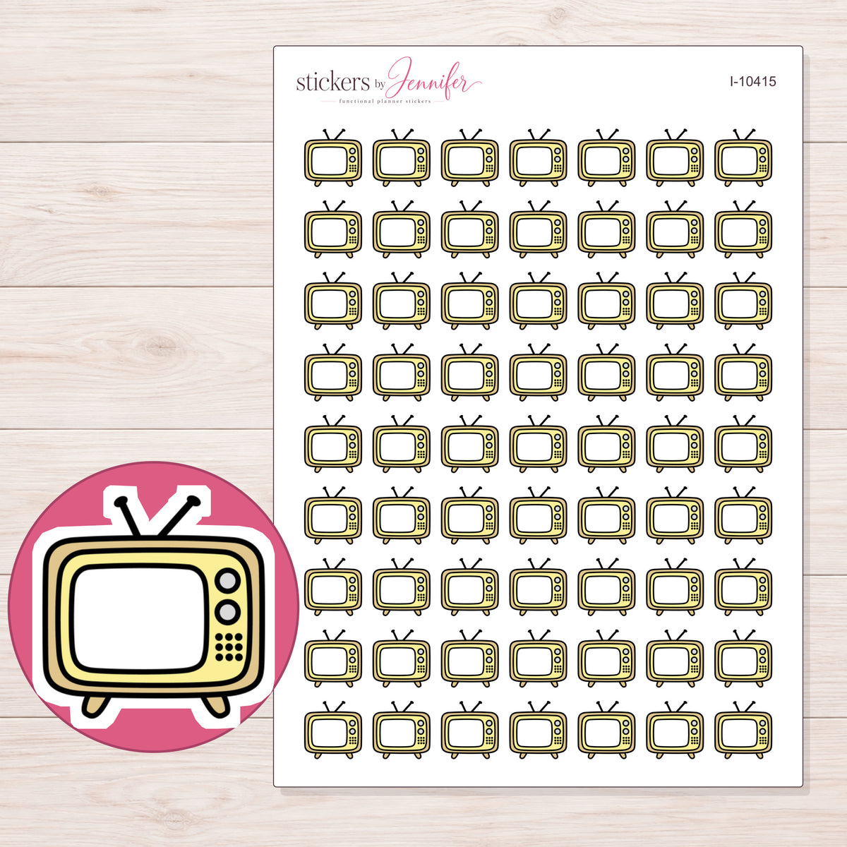 Yellow Retro Television Planner Stickers | I-10415 — 5 × 7 inch sheet and enlarged sticker detail