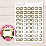 Yellow Retro Television Planner Stickers | I-10415 — 5 × 7 inch sheet and enlarged sticker detail