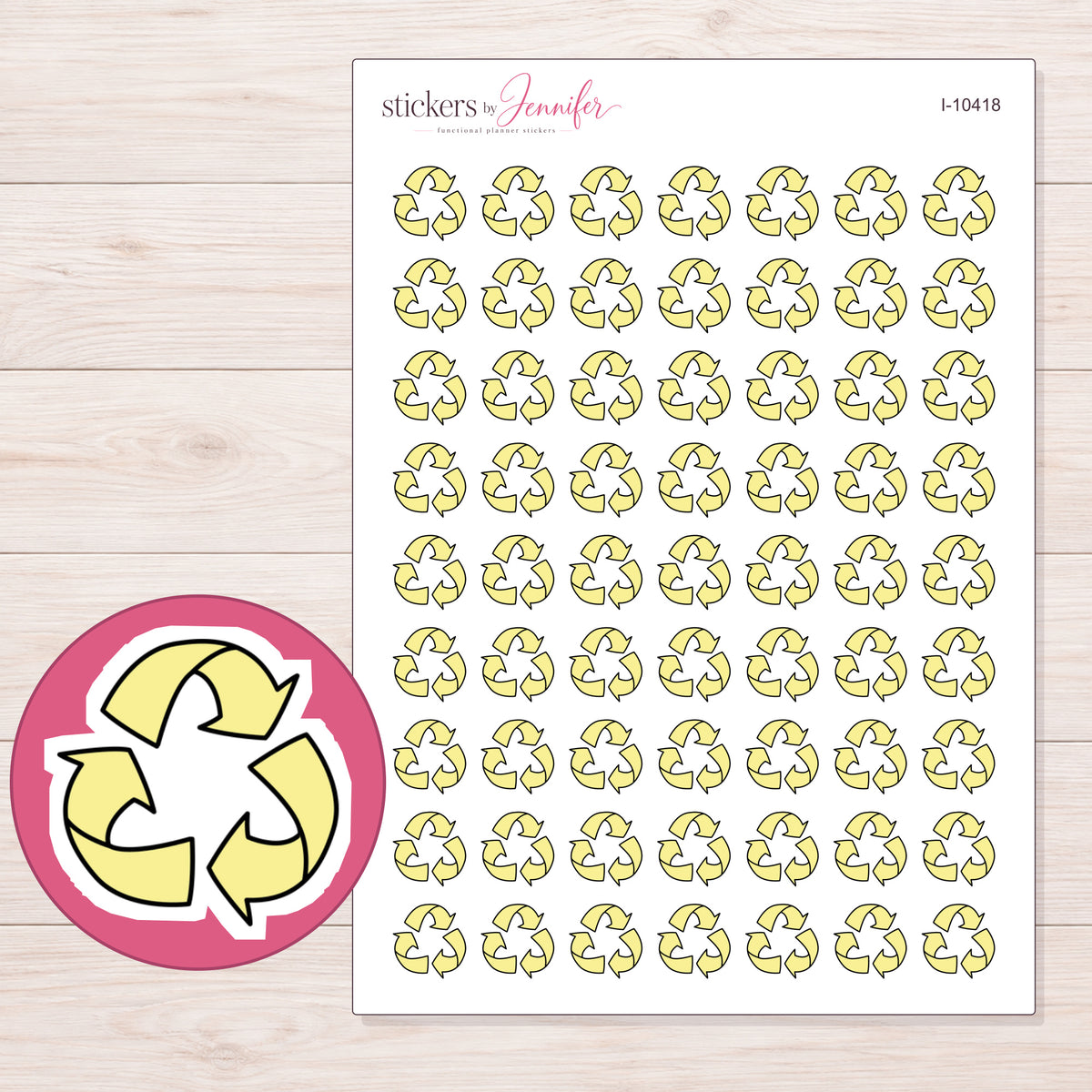 Yellow Recycling Symbol Planner Stickers | I-10418 — 5 × 7 inch sheet and enlarged sticker detail