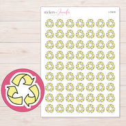 Yellow Recycling Symbol Planner Stickers | I-10418 — 5 × 7 inch sheet and enlarged sticker detail