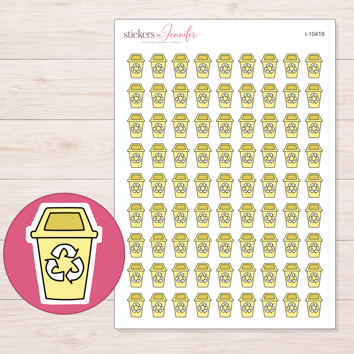 Yellow Recycling Bin Planner Stickers | I-10419 — 5 × 7 inch sheet and enlarged sticker detail