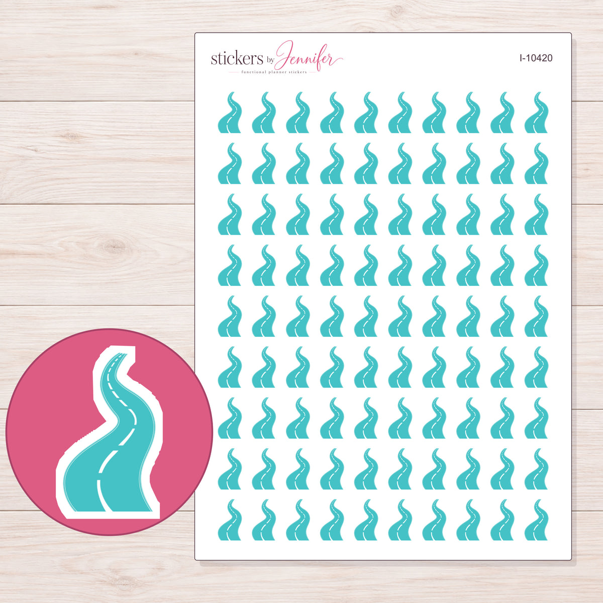 Teal Winding Road Planner Stickers | I-10420 — 5 × 7 inch sheet and enlarged sticker detail