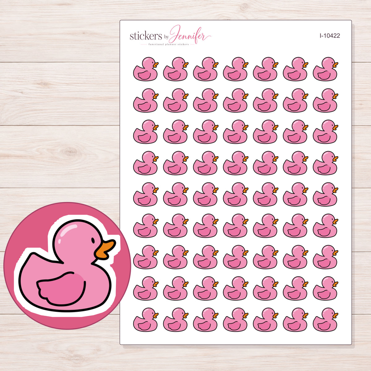 Pink Rubber Duck Planner Stickers | I-10422 — 5 × 7 inch sheet and enlarged sticker detail