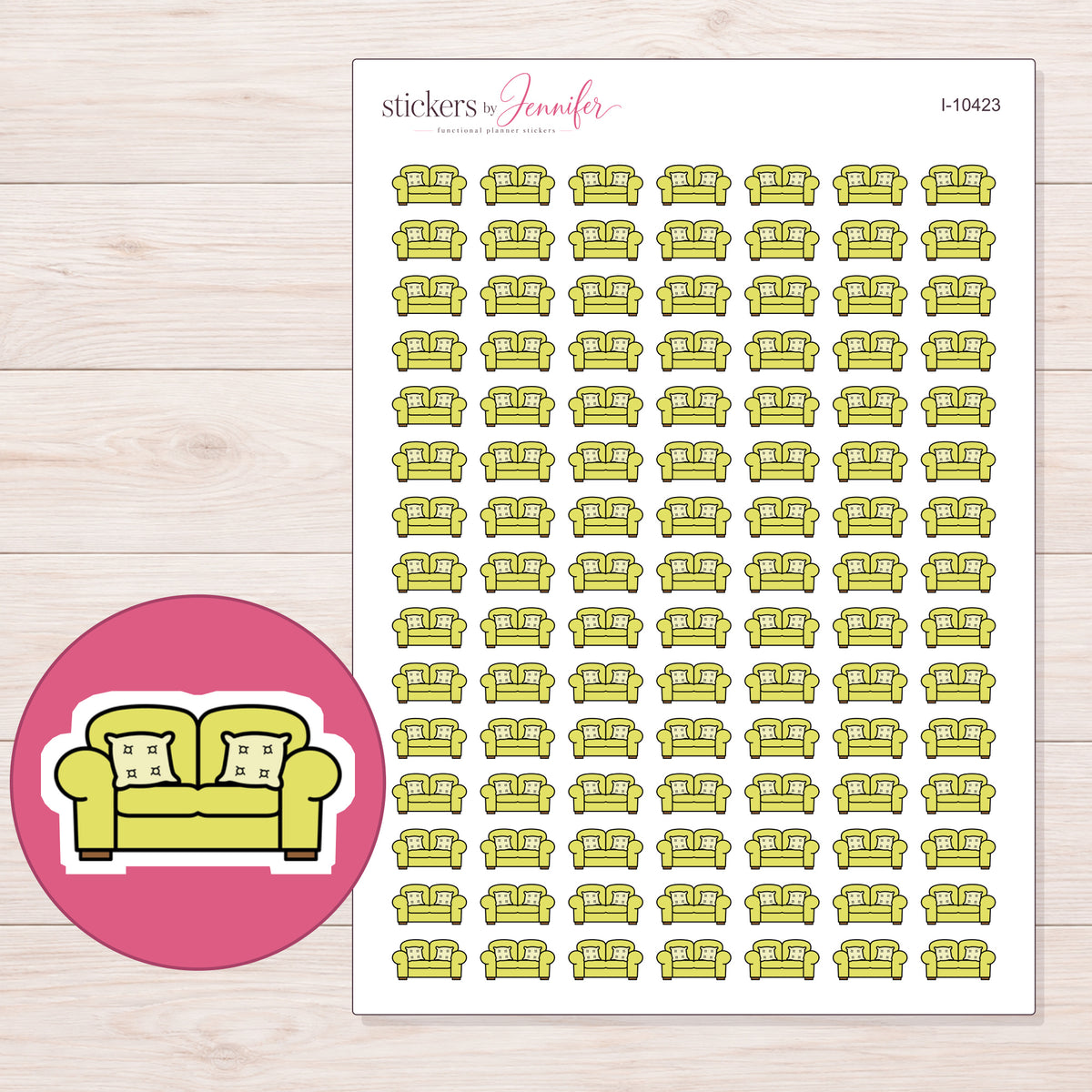 Yellow Sofa Planner Stickers | I-10423 — 5 × 7 inch sheet and enlarged sticker detail