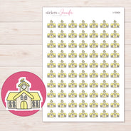 Yellow School Planner Stickers | I-10424 — 5 × 7 inch sheet and enlarged sticker detail