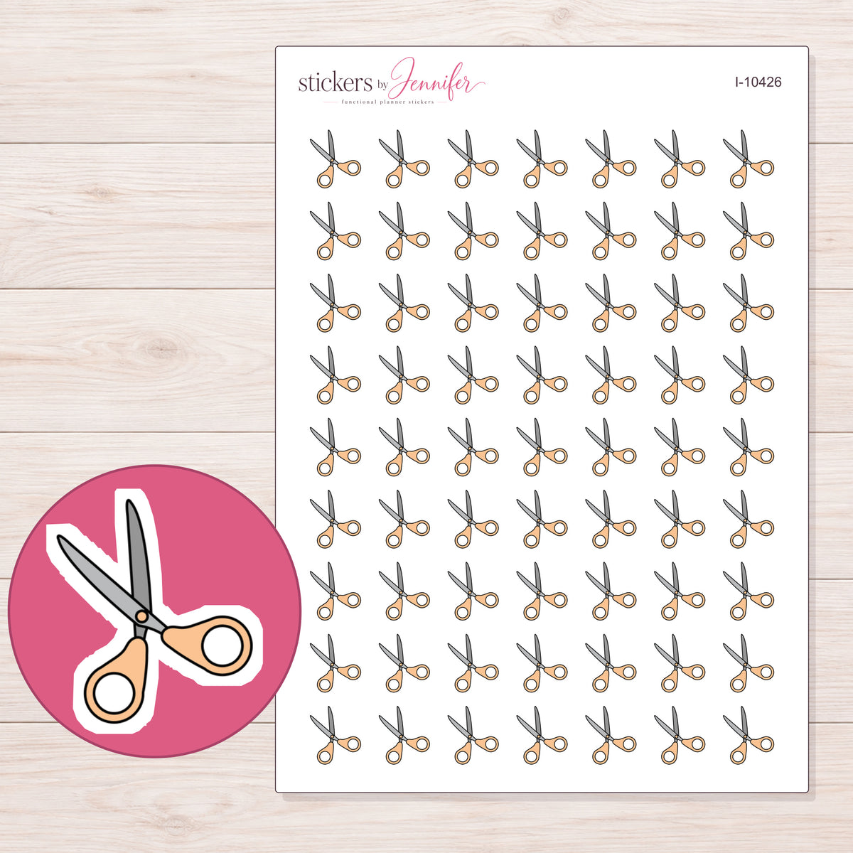Peach Scissors Planner Stickers | I-10426 — 5 × 7 inch sheet and enlarged sticker detail