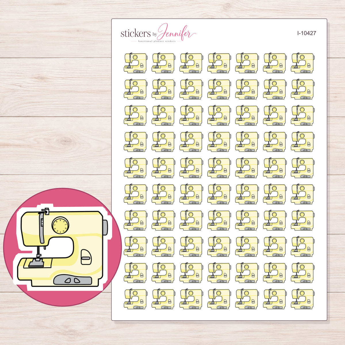 Yellow Sewing Machine Planner Stickers | I-10427 — 5 × 7 inch sheet and enlarged sticker detail