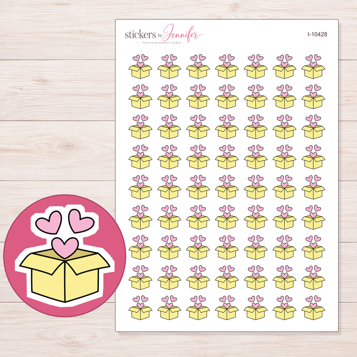 Yellow Heart Shipping Box Planner Stickers | I-10428 — 5 × 7 inch sheet and enlarged sticker detail