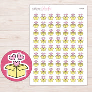 Yellow Heart Shipping Box Planner Stickers | I-10428 — 5 × 7 inch sheet and enlarged sticker detail