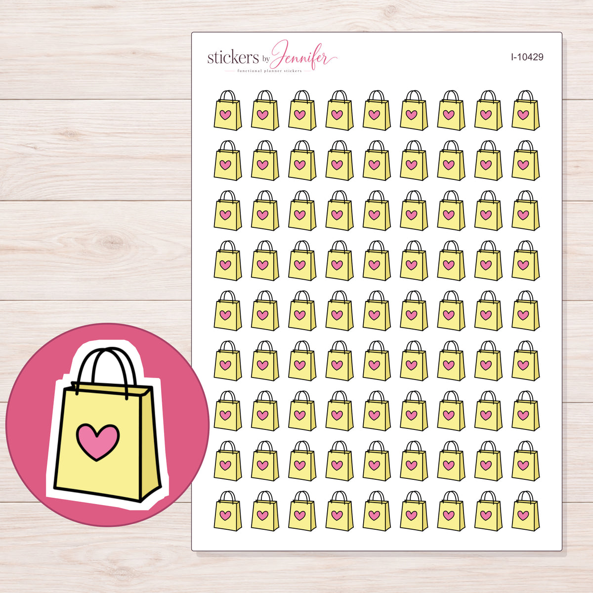 Yellow Heart Shopping Bag Planner Stickers | I-10429 — 5 × 7 inch sheet and enlarged sticker detail