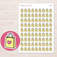 Yellow Heart Shopping Bag Planner Stickers | I-10429 — 5 × 7 inch sheet and enlarged sticker detail