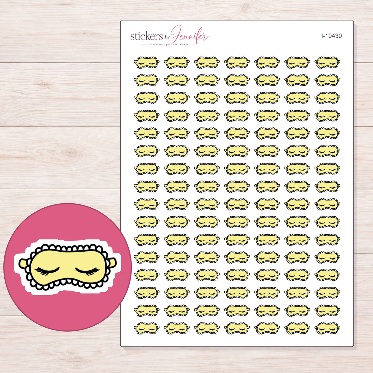 Yellow Sleep Mask Planner Stickers | I-10430 — 5 × 7 inch sheet and enlarged sticker detail
