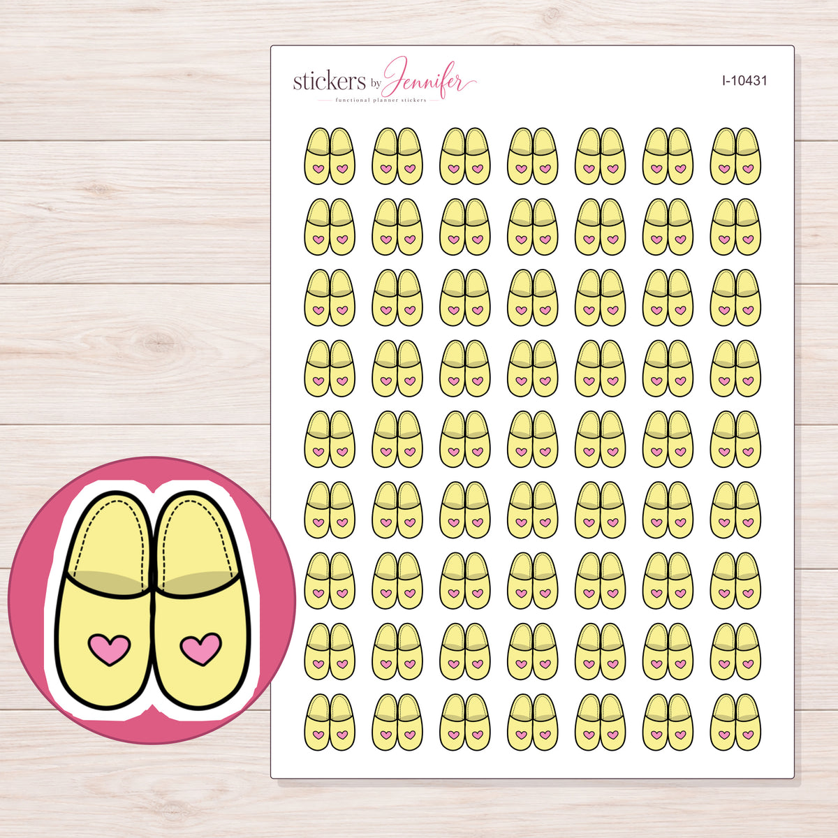 Yellow Heart Slippers Planner Stickers | I-10431 — 5 × 7 inch sheet and enlarged sticker detail