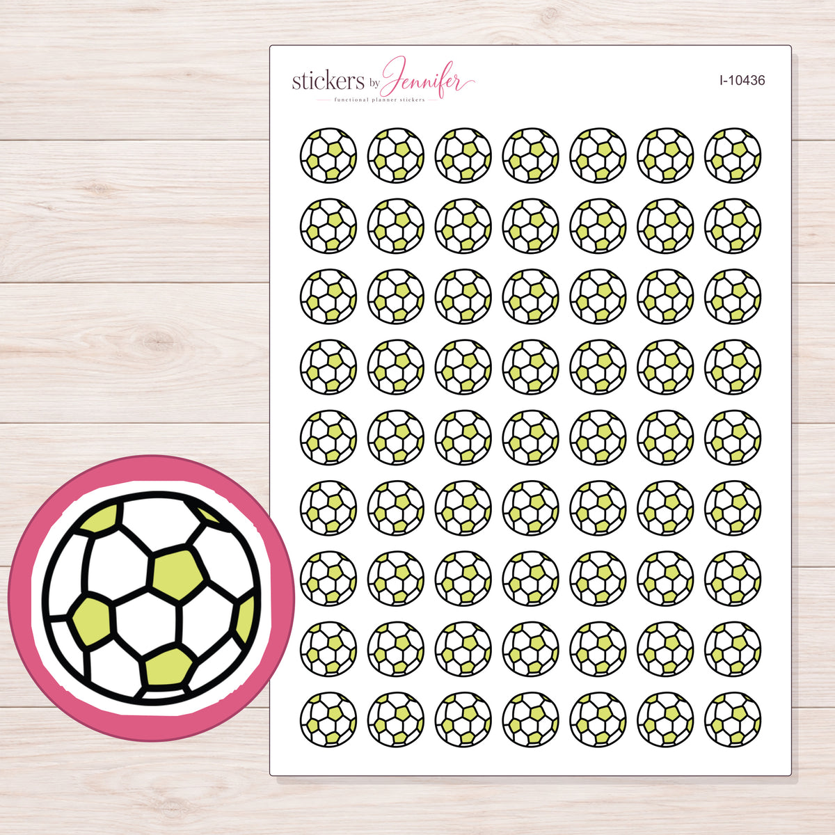 Yellow Soccer Ball Planner Stickers | I-10436 — 5 × 7 inch sheet and enlarged sticker detail