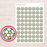 Yellow Soccer Ball Planner Stickers | I-10436 — 5 × 7 inch sheet and enlarged sticker detail