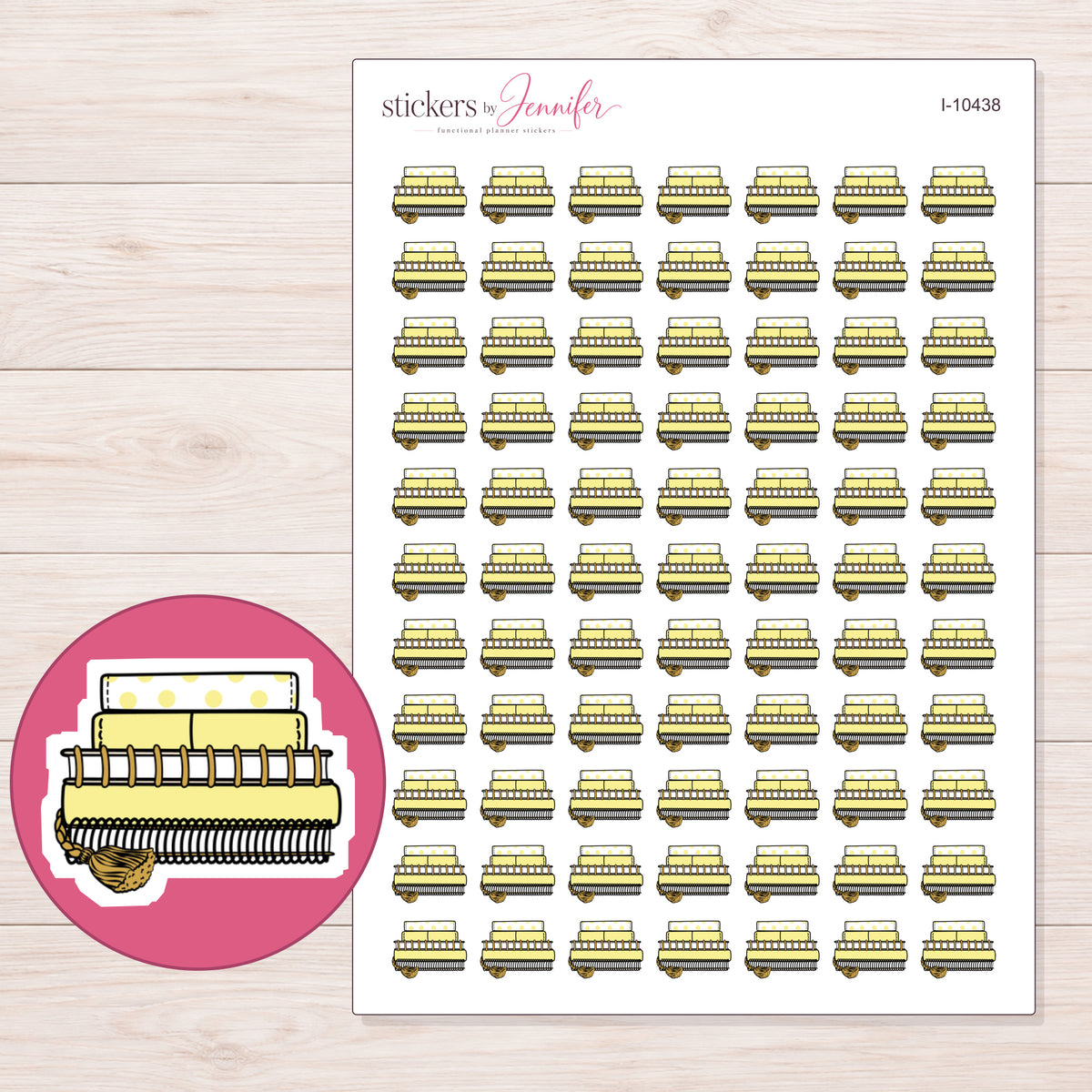 Yellow Planner Stack Planner Stickers | I-10438 — 5 × 7 inch sheet and enlarged sticker detail