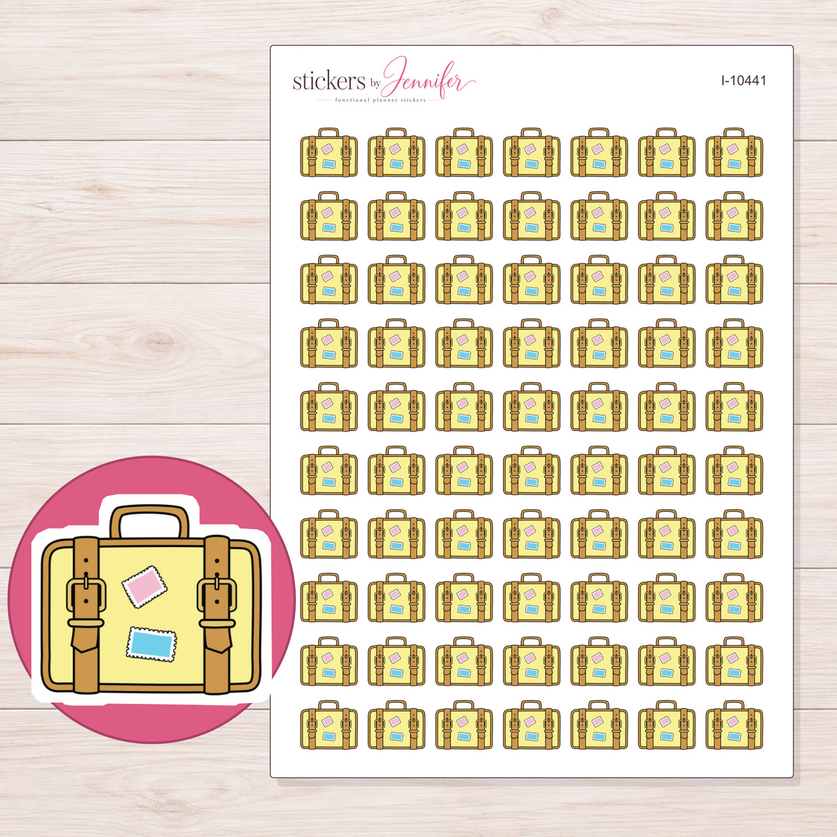 Yellow Suitcase Planner Stickers | I-10441 — 5 × 7 inch sheet and enlarged sticker detail