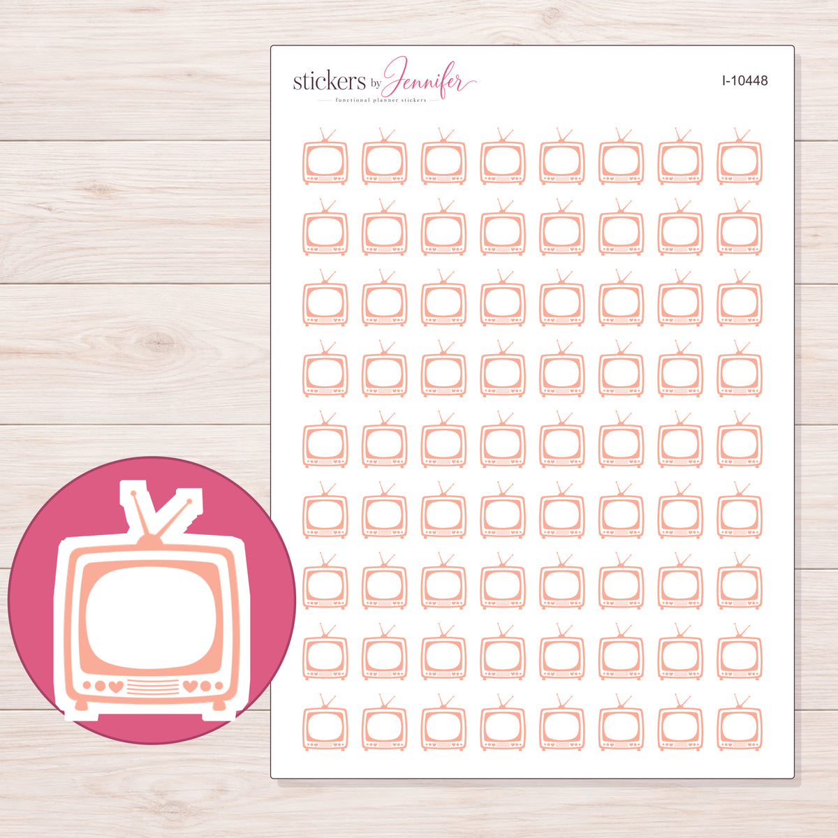 Peach Retro Television Planner Stickers | I-10448 — 5 × 7 inch sheet and enlarged sticker detail