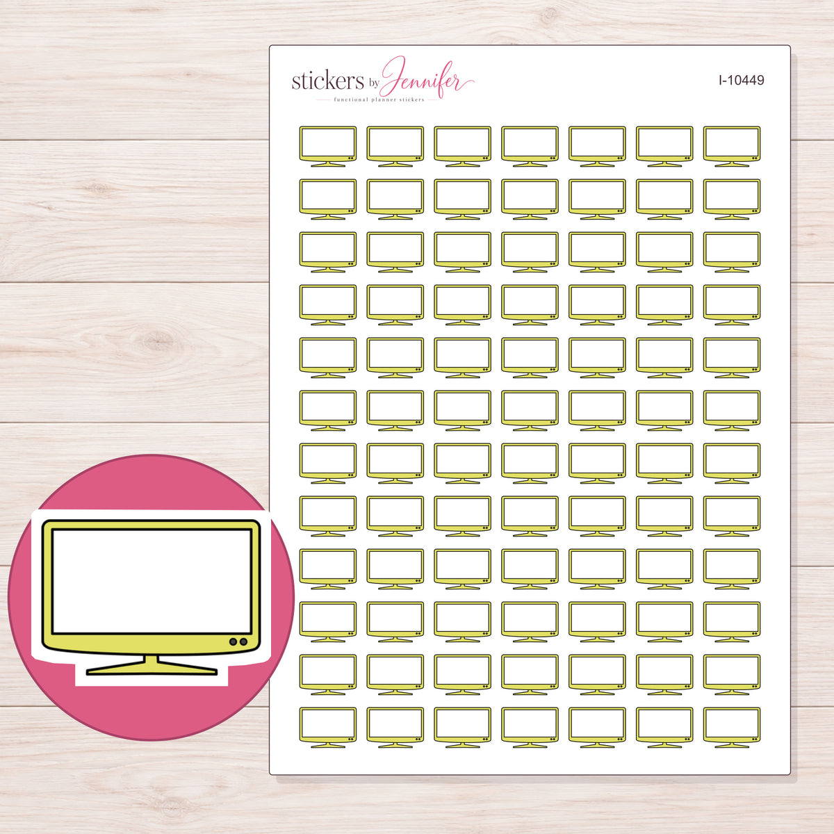 Yellow Flat Screen Television Planner Stickers | I-10449 — 5 × 7 inch sheet and enlarged sticker detail