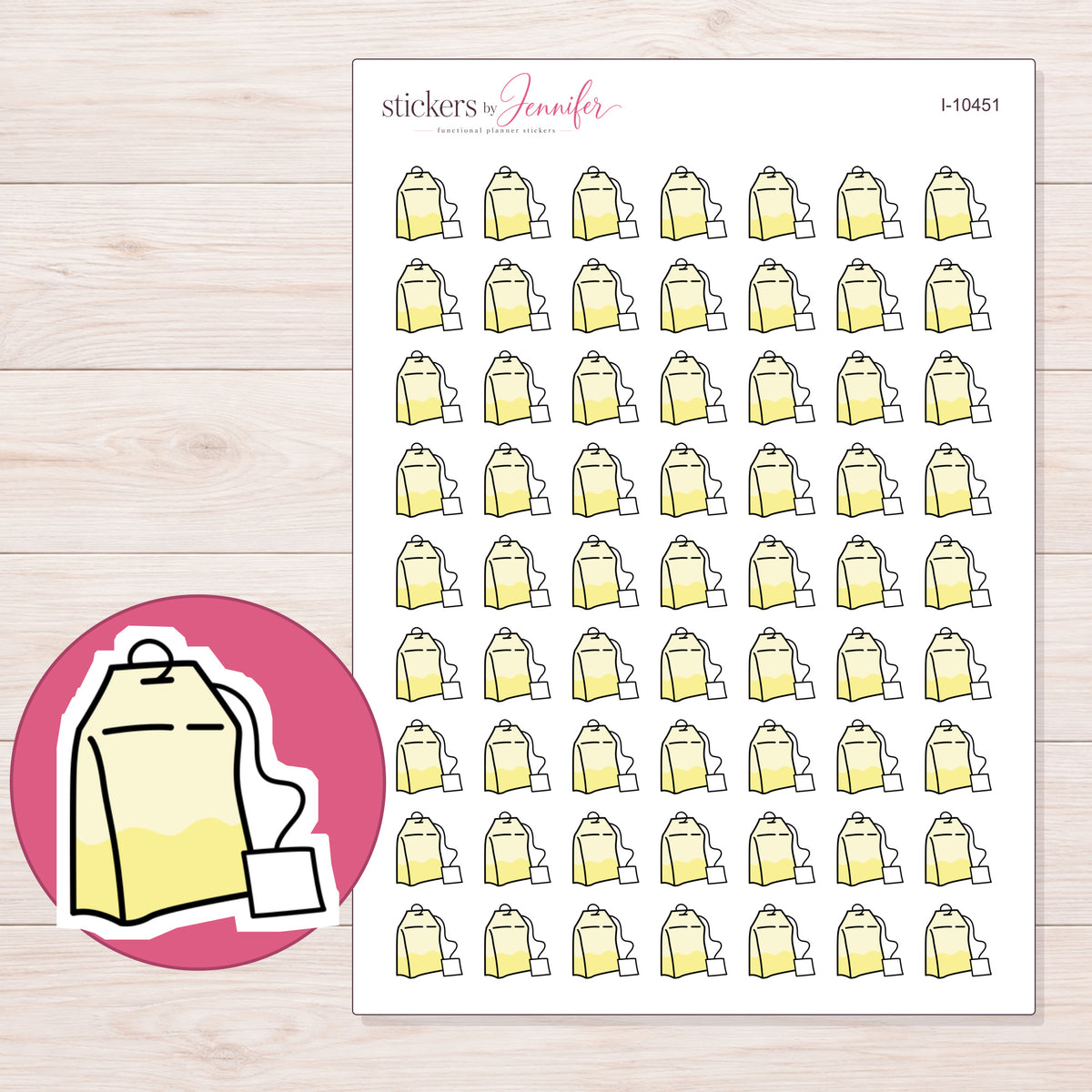 Yellow Tea Bag Planner Stickers | I-10451 — 5 × 7 inch sheet and enlarged sticker detail