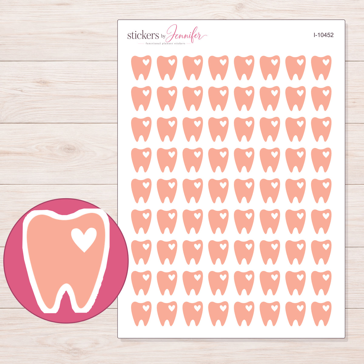 Peach Heart Tooth Planner Stickers | I-10452 — 5 × 7 inch sheet and enlarged sticker detail
