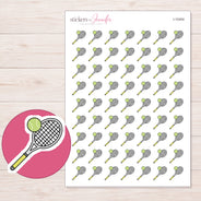 Yellow Tennis Racket Planner Stickers | I-10454 — 5 × 7 inch sheet and enlarged sticker detail