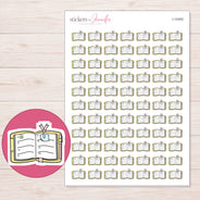Open Yellow Planning Book Planner Stickers | I-10455 — 5 × 7 inch sheet and enlarged sticker detail