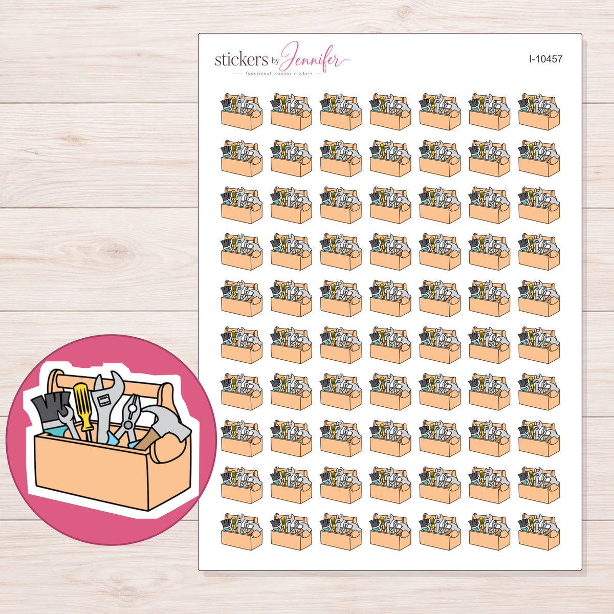 Peach Tool Box Planner Stickers | I-10457 — 5 × 7 inch sheet and enlarged sticker detail