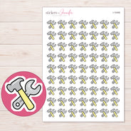 Yellow Hammer and Wrench Planner Stickers | I-10458 — 5 × 7 inch sheet and enlarged sticker detail
