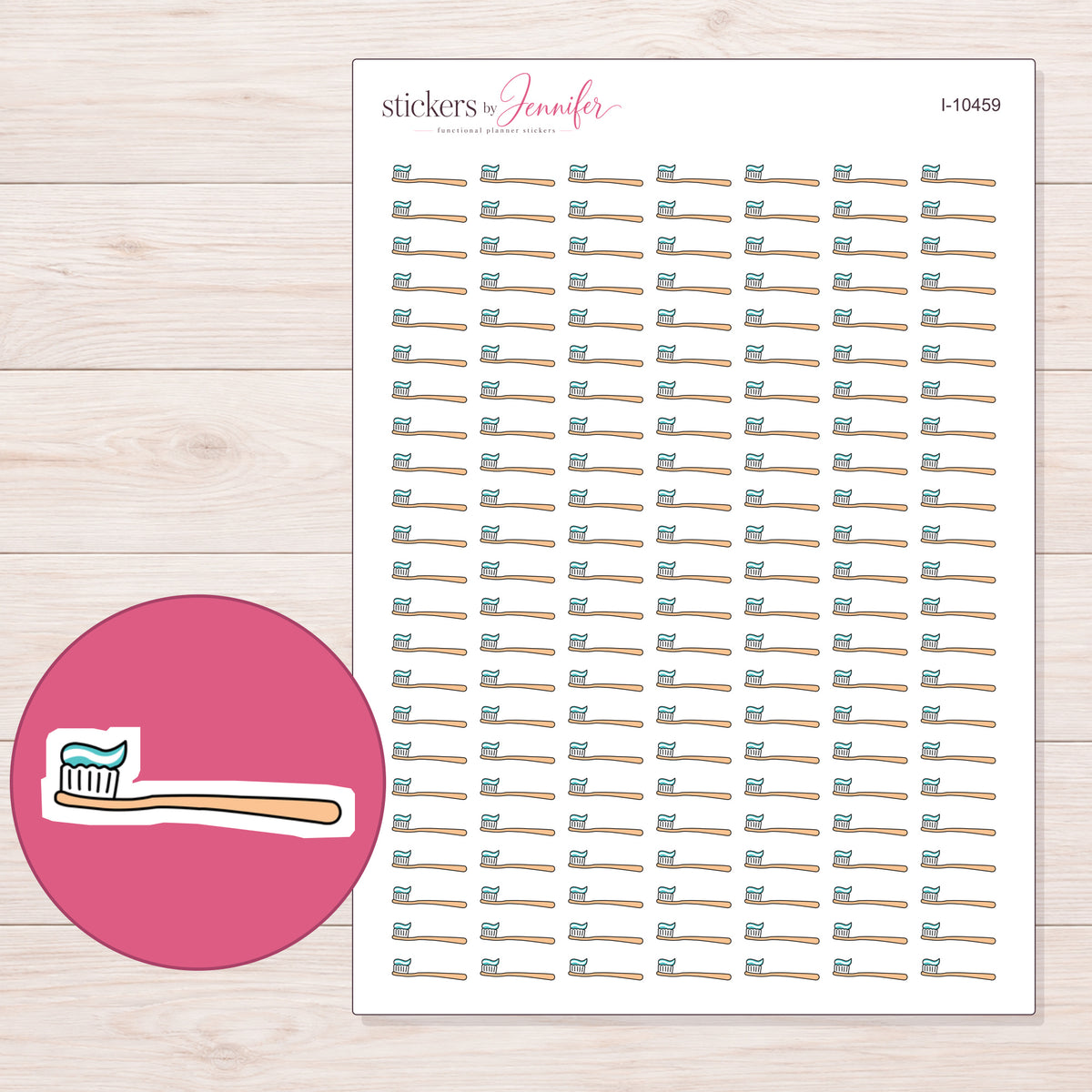 Peach Toothbrush Planner Stickers | I-10459 — 5 × 7 inch sheet and enlarged sticker detail