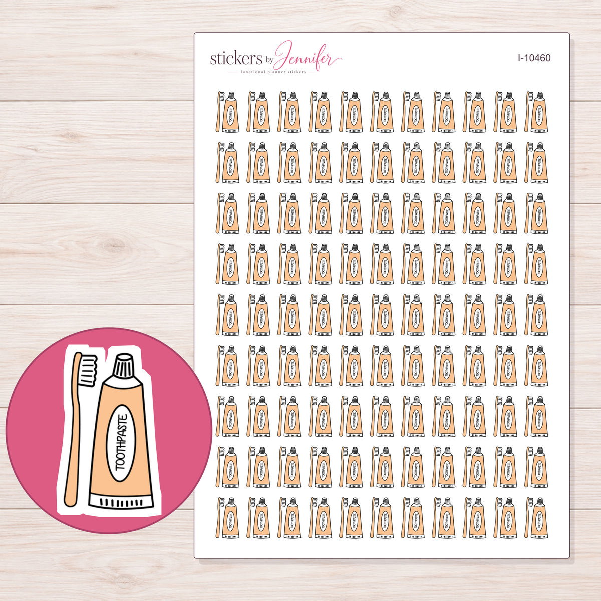 Peach Toothpaste Set Planner Stickers | I-10460 — 5 × 7 inch sheet and enlarged sticker detail