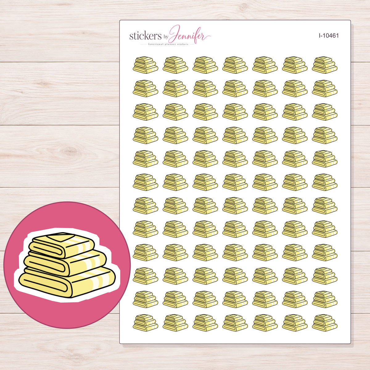Yellow Folded Towels Planner Stickers | I-10461 — 5 × 7 inch sheet and enlarged sticker detail