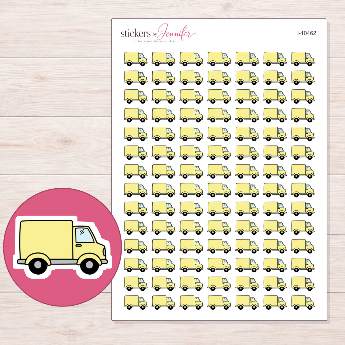 Yellow Delivery Truck Planner Stickers | I-10462 — 5 × 7 inch sheet and enlarged sticker detail