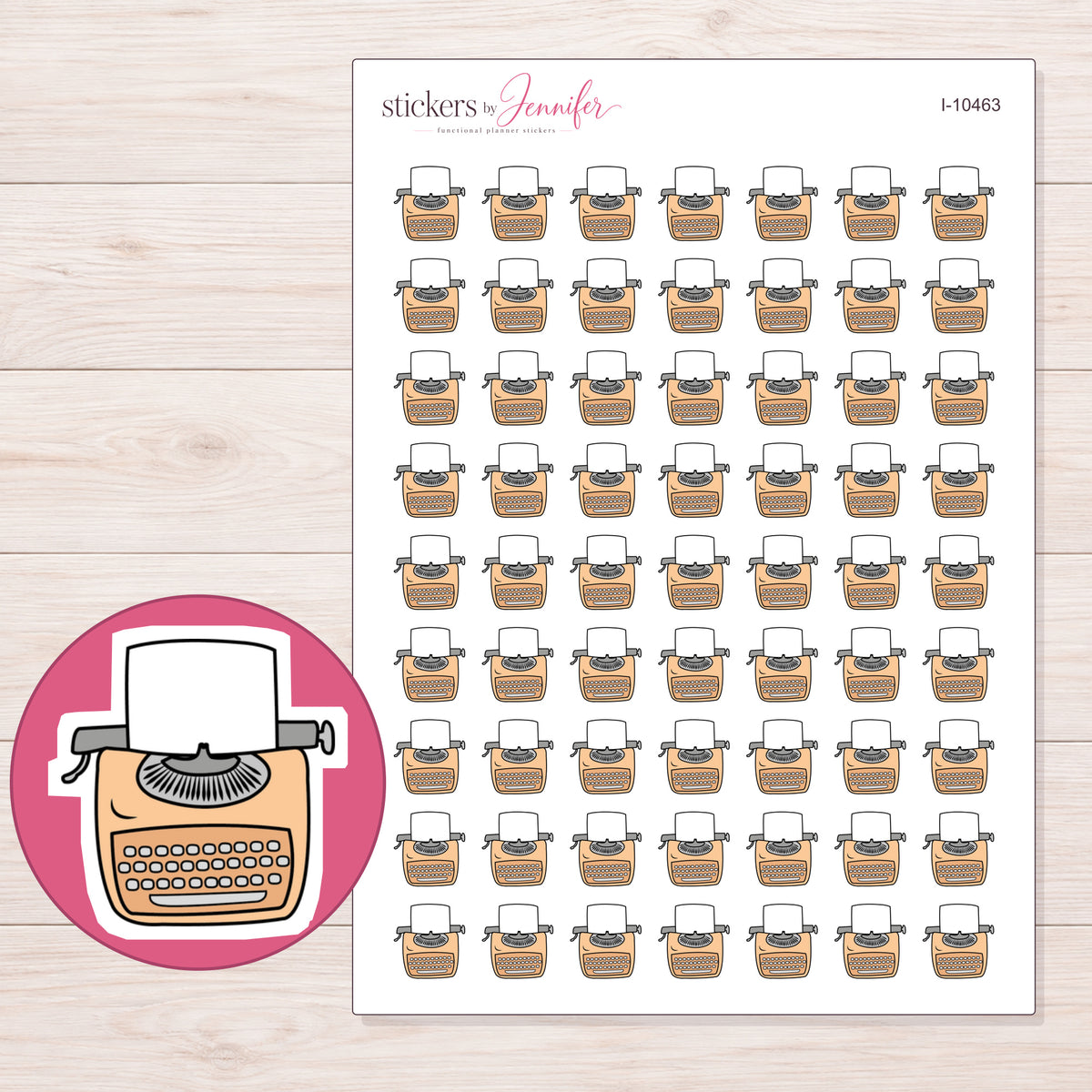 Peach Typewriter Planner Stickers | I-10463 — 5 × 7 inch sheet and enlarged sticker detail