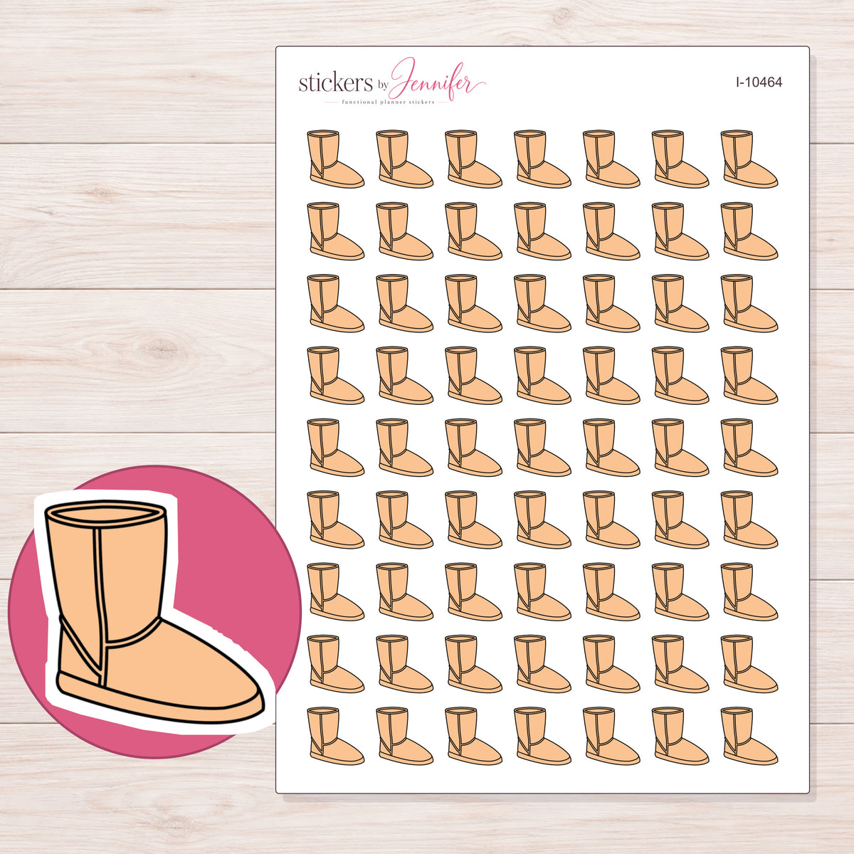 Peach Cozy Boot Planner Stickers | I-10464 — 5 × 7 inch sheet and enlarged sticker detail