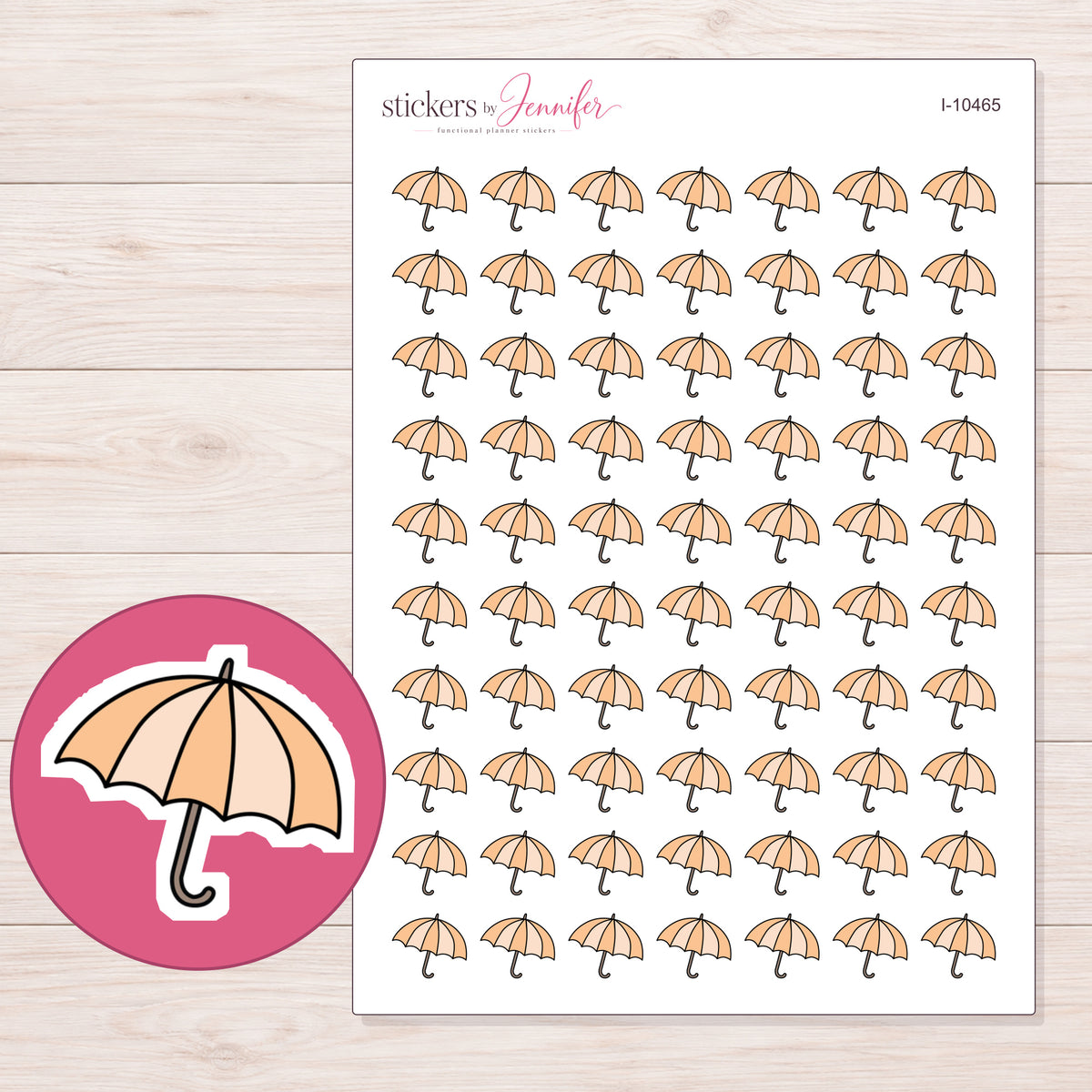 Peach Umbrella Planner Stickers | I-10465 — 5 × 7 inch sheet and enlarged sticker detail