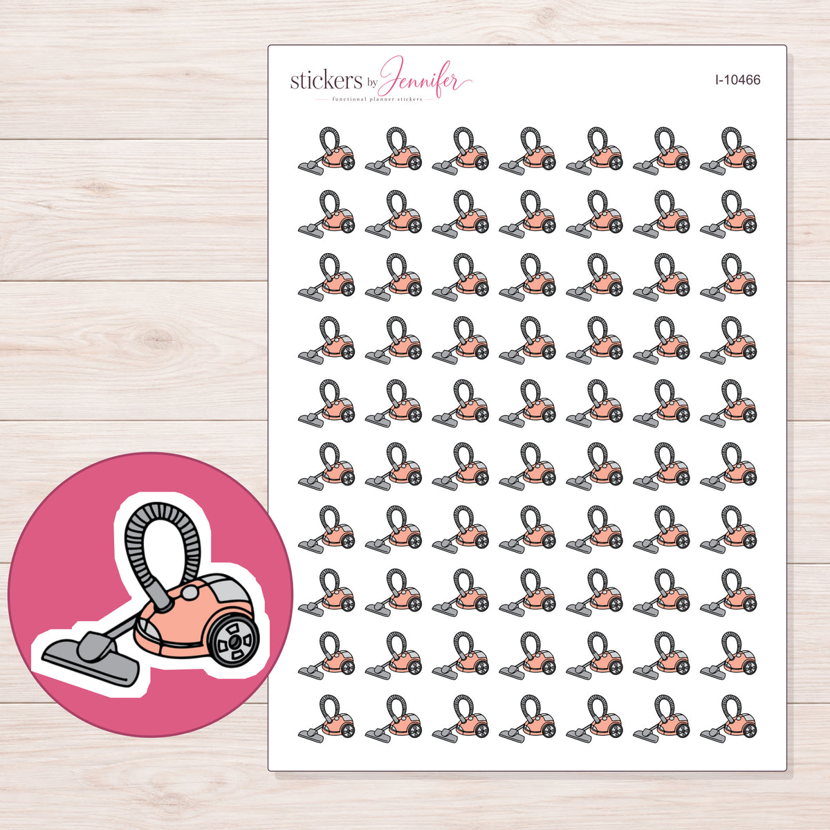 Peach Vacuum Planner Stickers | I-10466 — 5 × 7 inch sheet and enlarged sticker detail