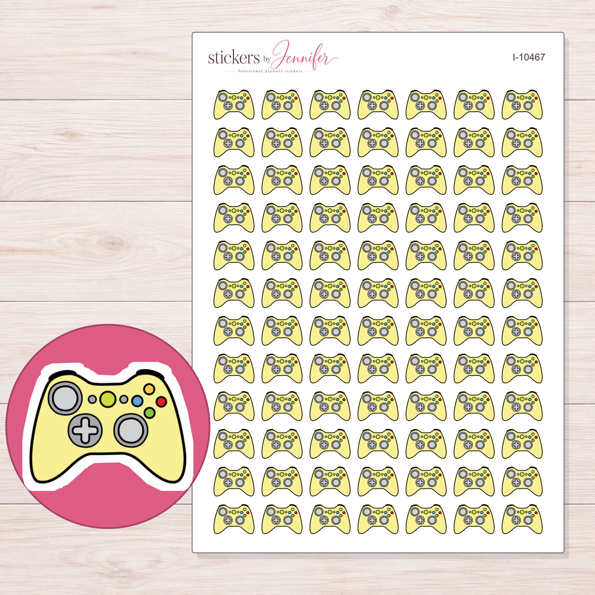 Yellow Video Game Controller Planner Stickers | I-10467 — 5 × 7 inch sheet and enlarged sticker detail