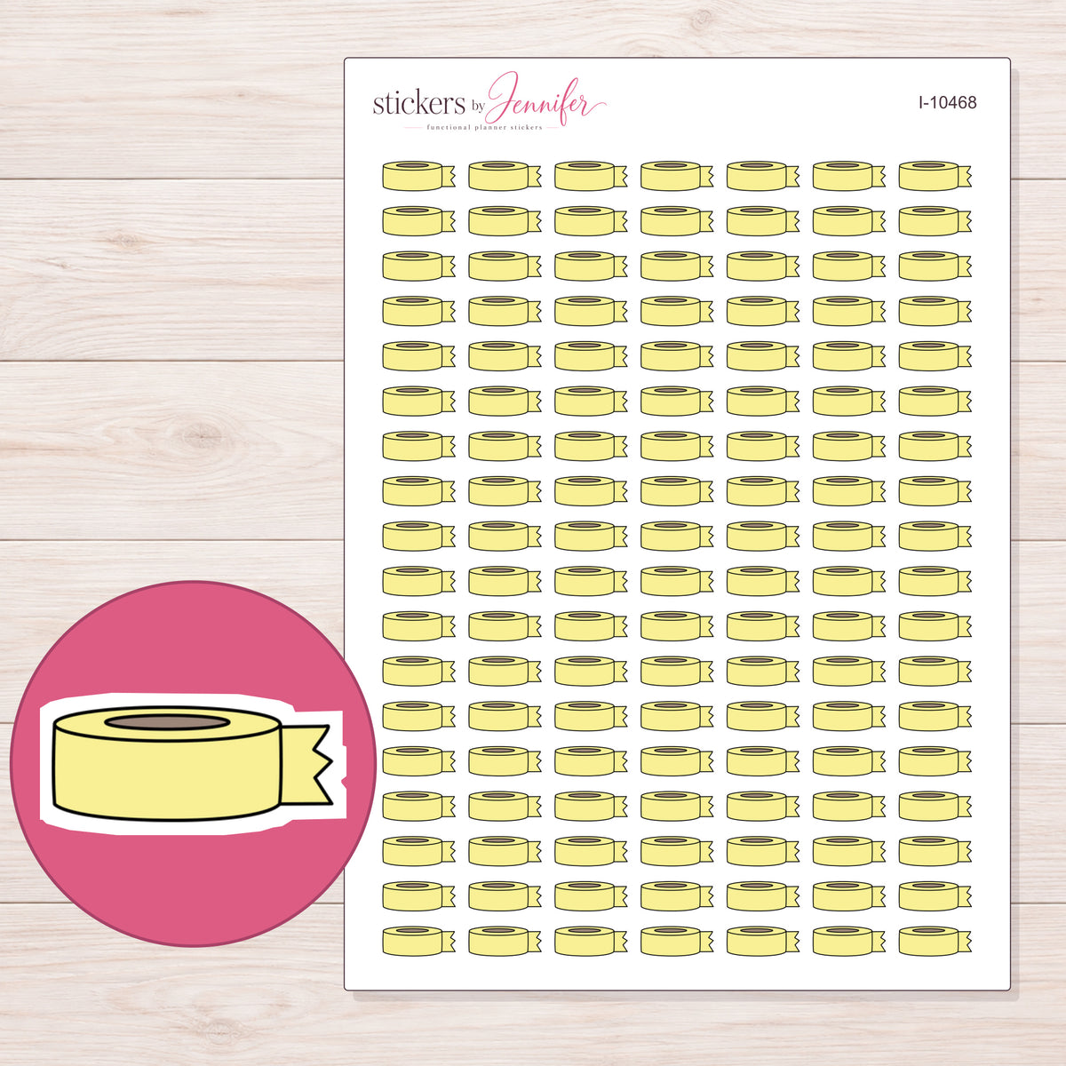 Yellow Unrolled Washi Tape Planner Stickers | I-10468 — 5 × 7 inch sheet and enlarged sticker detail
