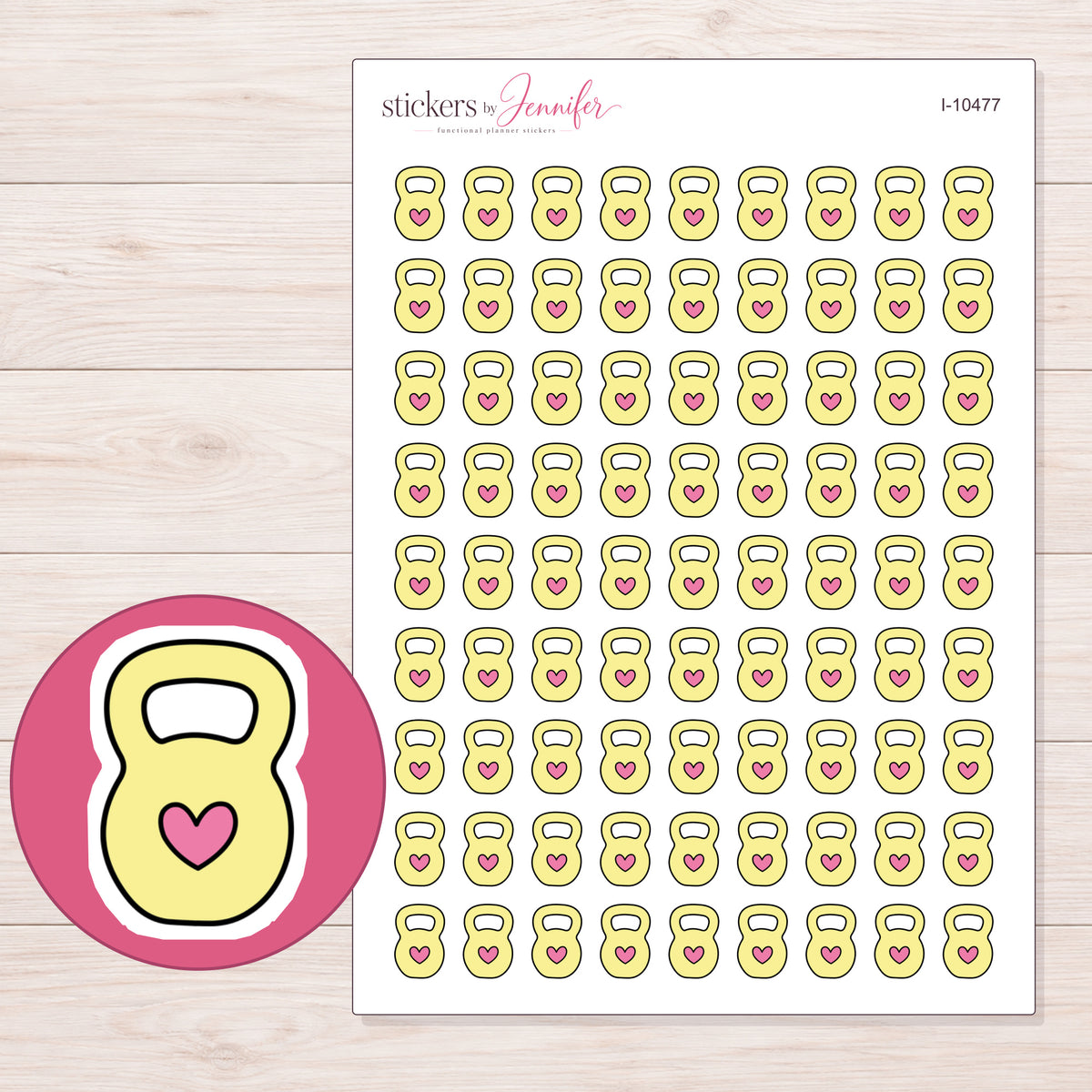 Yellow Heart Kettlebell Planner Stickers | I-10477 — 5 × 7 inch sheet and enlarged sticker detail