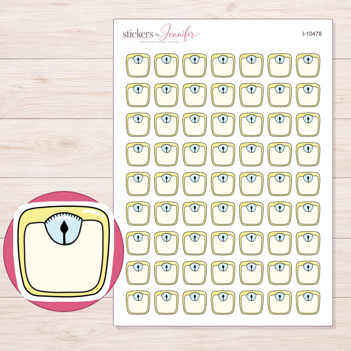 Yellow Scale Planner Stickers | I-10478 — 5 × 7 inch sheet and enlarged sticker detail