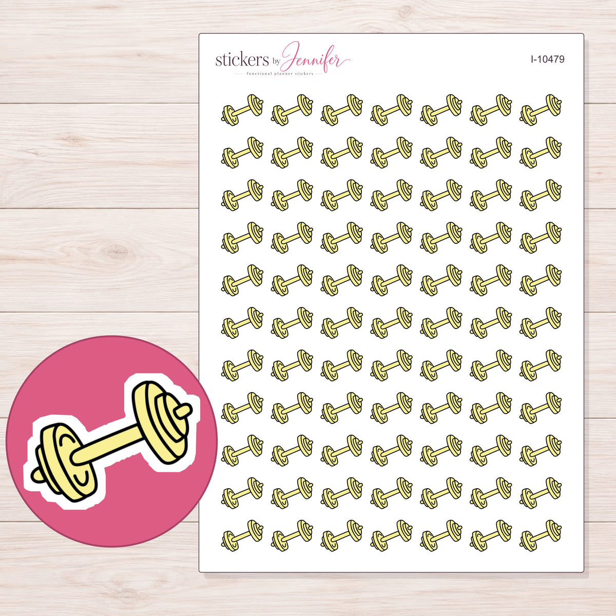 Yellow Dumbbell Planner Stickers | I-10479 — 5 × 7 inch sheet and enlarged sticker detail