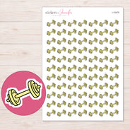 Yellow Dumbbell Planner Stickers | I-10479 — 5 × 7 inch sheet and enlarged sticker detail