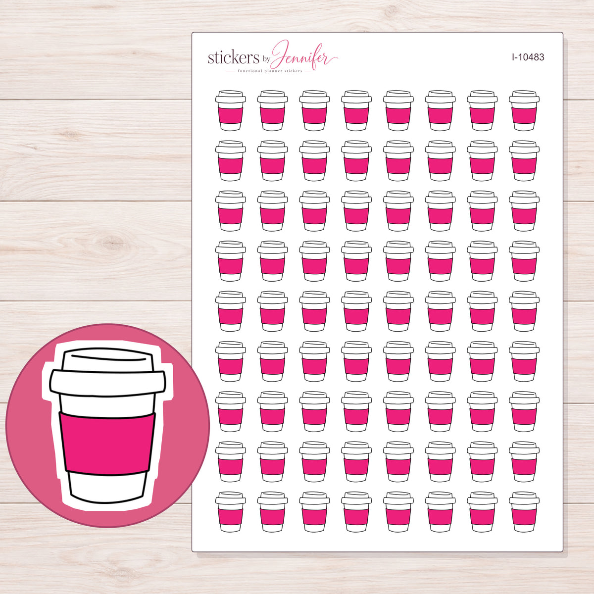 Pink Takeaway Coffee Planner Stickers | I-10483 — 5 × 7 inch sheet and enlarged sticker detail