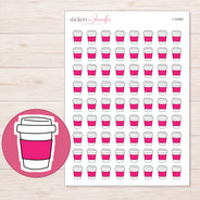 Pink Takeaway Coffee Planner Stickers | I-10483 — 5 × 7 inch sheet and enlarged sticker detail